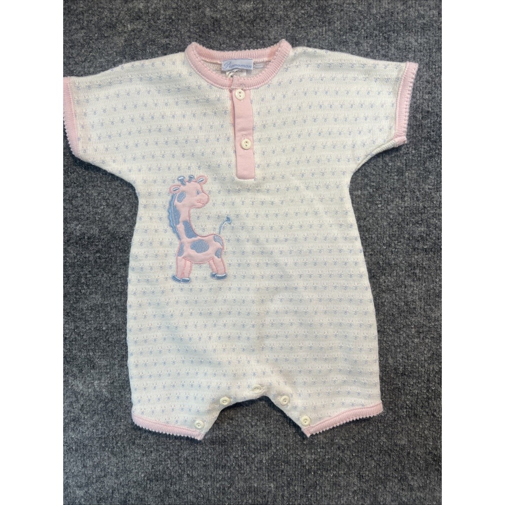 VTG Prémaman Belgium Baby Romper - Size 6 Months - Pastel Pink & Blue Giraffe
